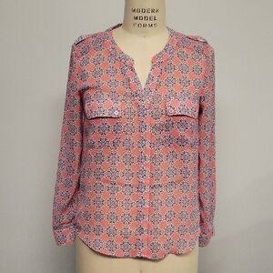 Collective Concepts Coral and Navy Patterned Blouse, Size SP